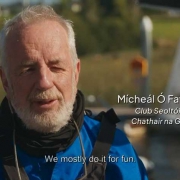 Michael Ó Flatharta from Galway City Sailing Club being interviewed for Scéalta na Lochanna at Cong Galway Sailing Race 2024